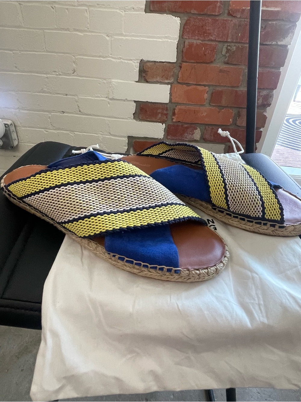 NWOT DVF Blue & Yellow Woven Slide Sandals